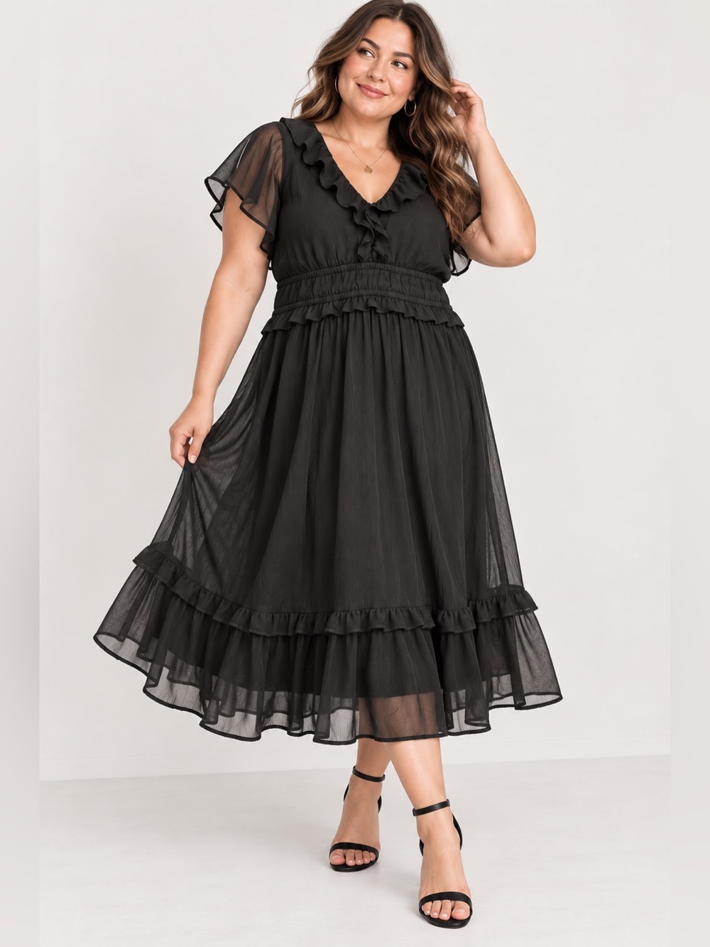 Old Navy XL Petite Black Chiffon Ruffle Midi Dress Flutter Sleeve